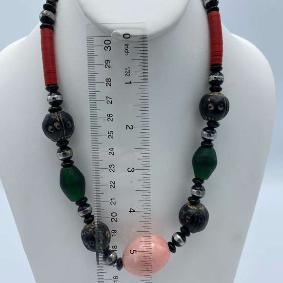 Artisan Vintage African Wood Ceramic Glass Tribal Bohemian Necklace - Picture 4 of 11